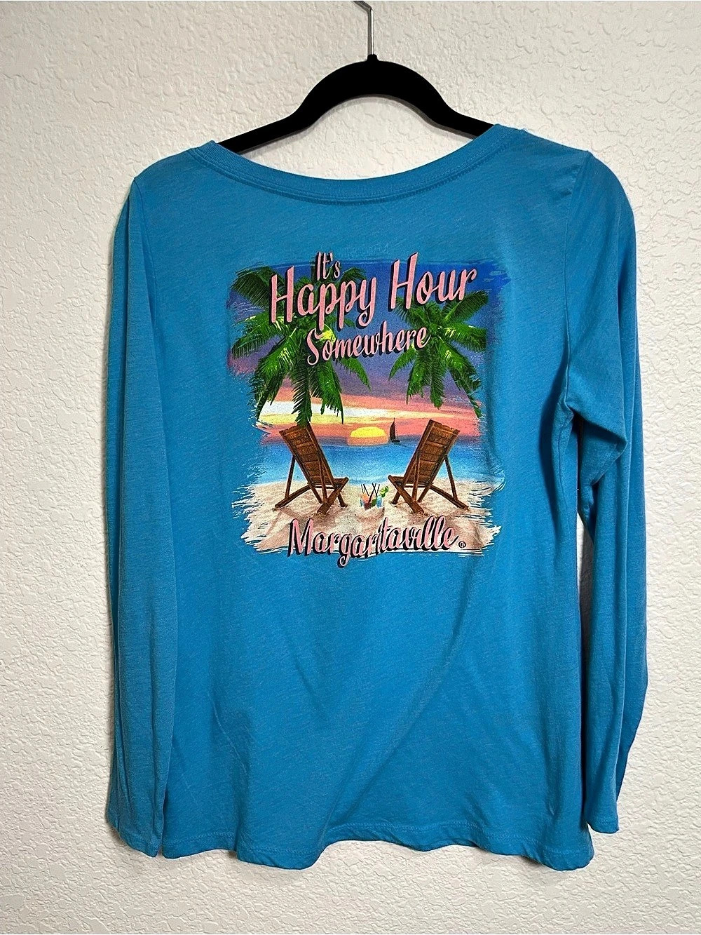 Margaritaville Women XL Blue Happy Hour Beach Graphic Long Sleeve Tee